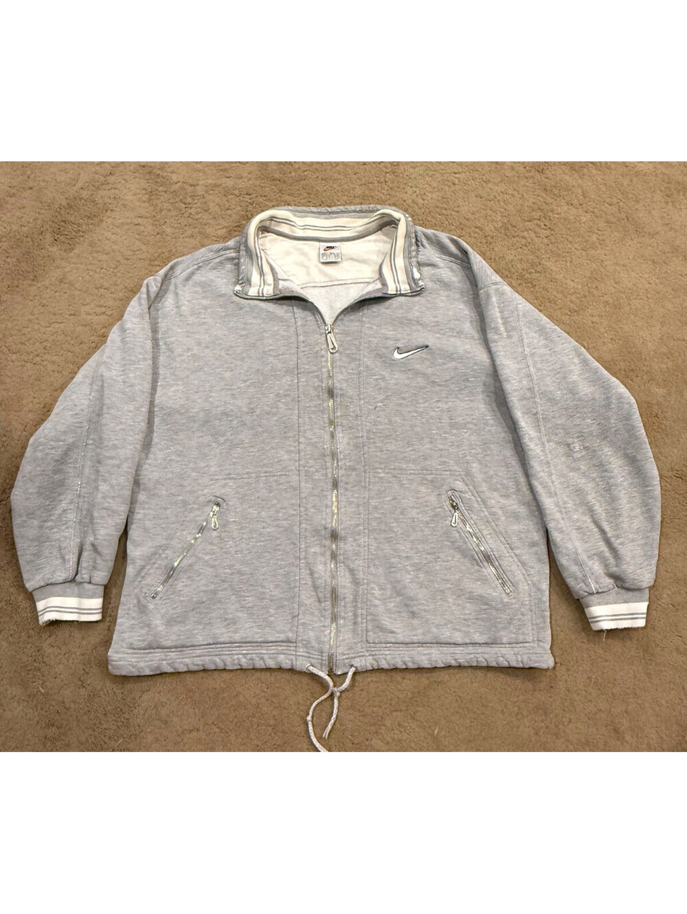 Vintage Nike Jacket Mens L Gray Full Zip Swoosh Logo Front Back 90s Zip Pockets